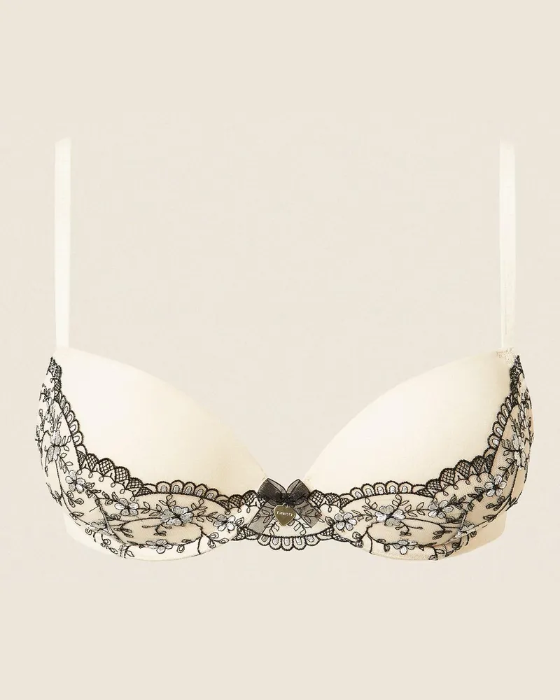 Twin-Set Push-up-BH aus besticktem Tüll, Damen, Stickerei Perlmutt / Schwarz Stickerei