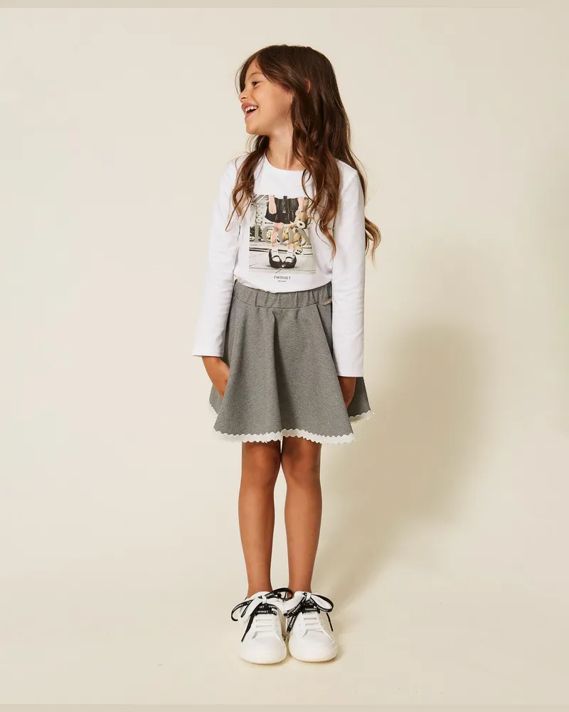 Twin-Set Kurzer Babyrock mit Samtdetails, Damen, Hellgrau-Melange Hellgrau-melange