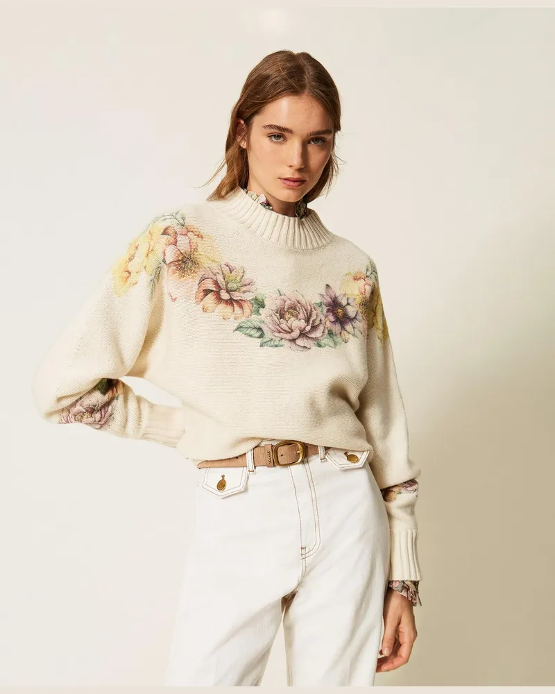 Twin-Set Pullover aus Wollmischung mit Print, Damen, Flowers-Print / Perlmutt Flowers-print
