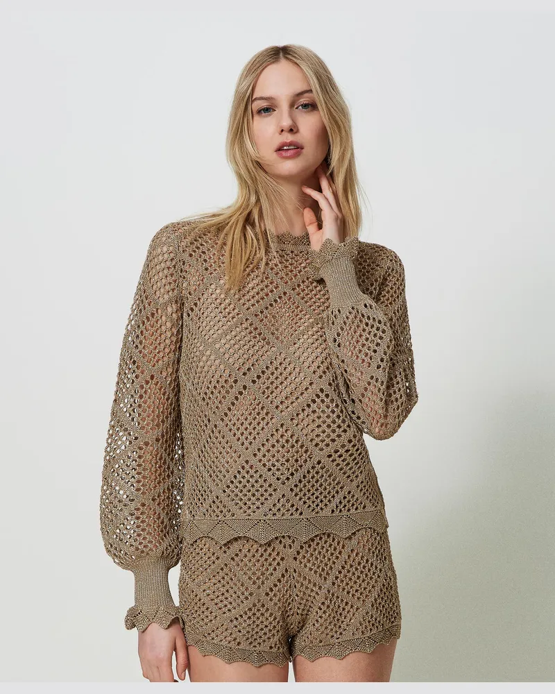 Twin-Set Lurexpullover mit Netzmuster im Regular-Fit, Helles „Hazelnut"-Braun Lurex, Größe: XL 