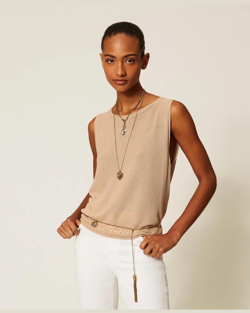 Twin-Set Stricktop mit Fransen, Damen, Nougat Beige Nougat