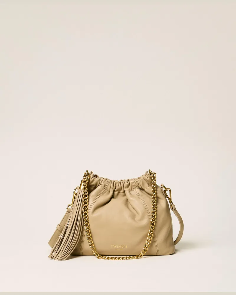 Twin-Set Umhängetasche aus Leder mit Raffung, Damen, Khaki Khaki