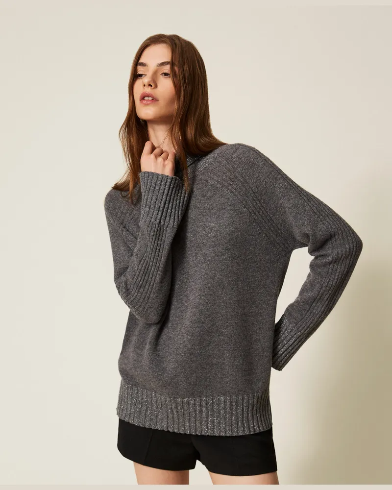 Twin-Set Stehkragenpullover aus Kaschmirmischung mit Lurex, Medium Melange Grey / Silber Lurex, Größe Medium