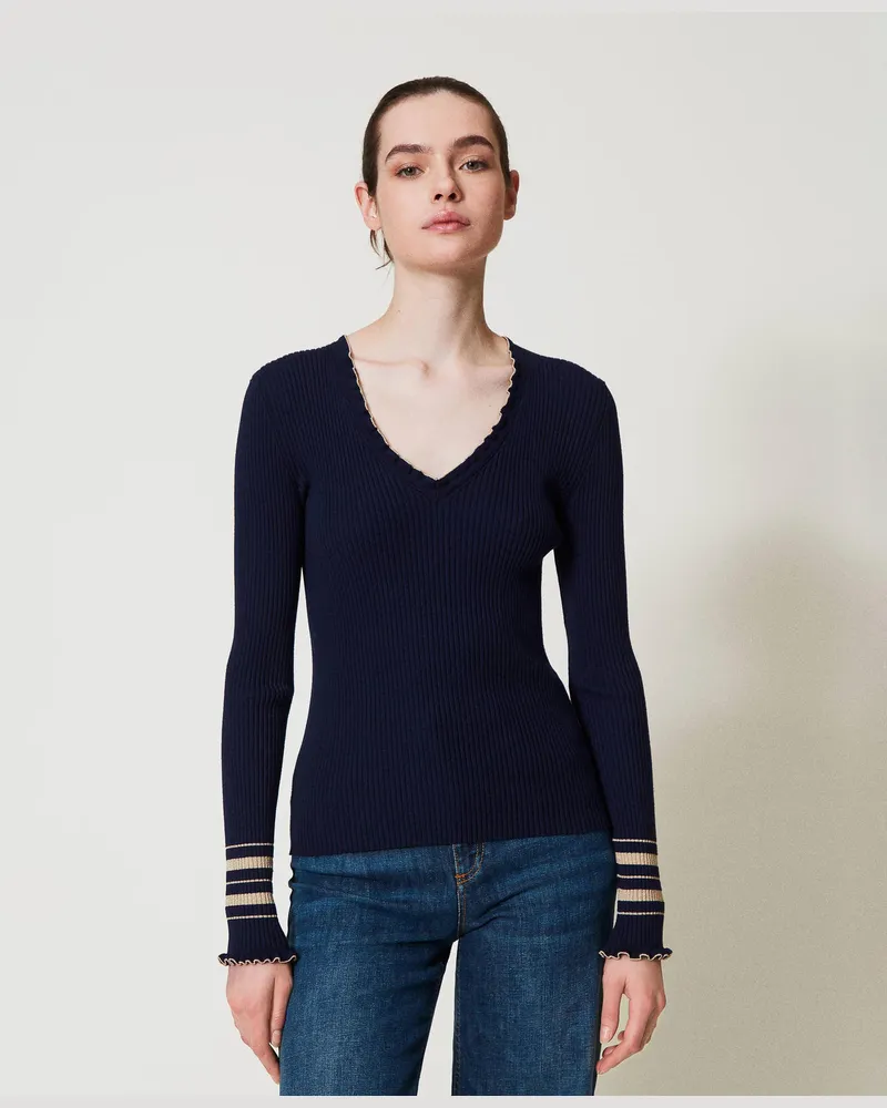 Twin-Set Gerippter Pullover mit Lurexstreifen, Zweifarbig Blue Night / "Rope"-Beige Lurex Gold, Größe Zweifarbig