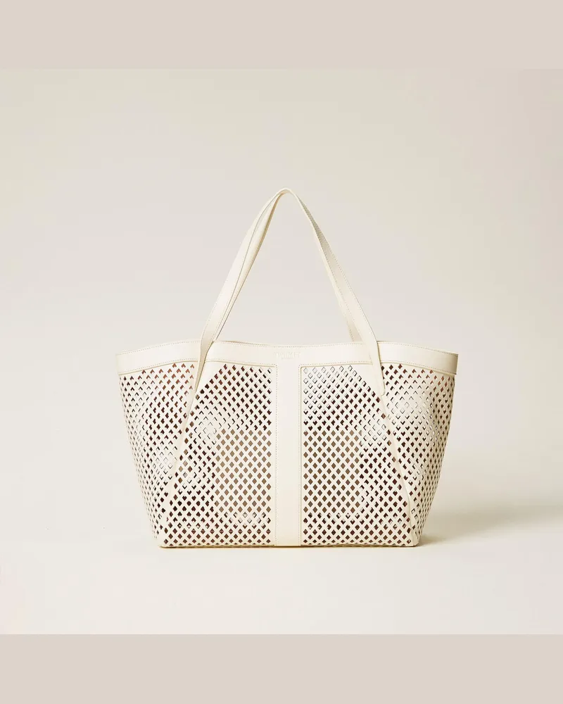 Twin-Set Taschen - Shopper aus perforiertem Leder, Perlmutt, Einheitsgröße Perlmutt