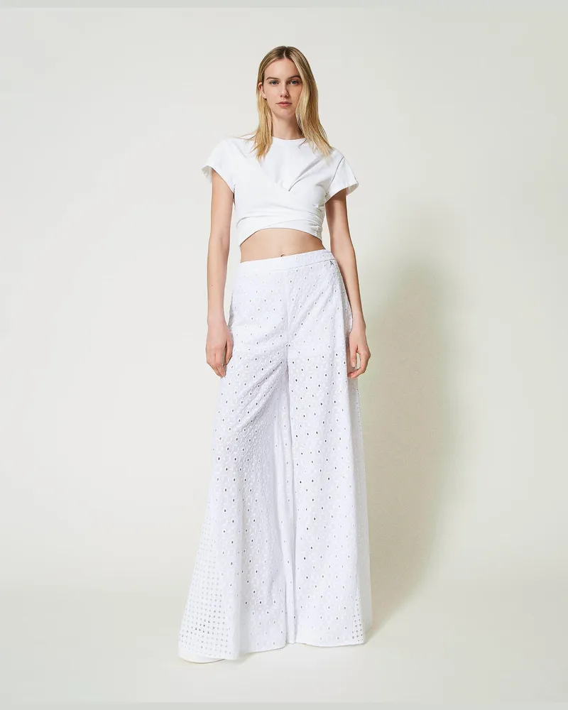 Actitude by Twinset Hosen - Palazzohose mit Lochstickereien, "Papers"-Weiß, Baumwolle, Größe Papers-weiß