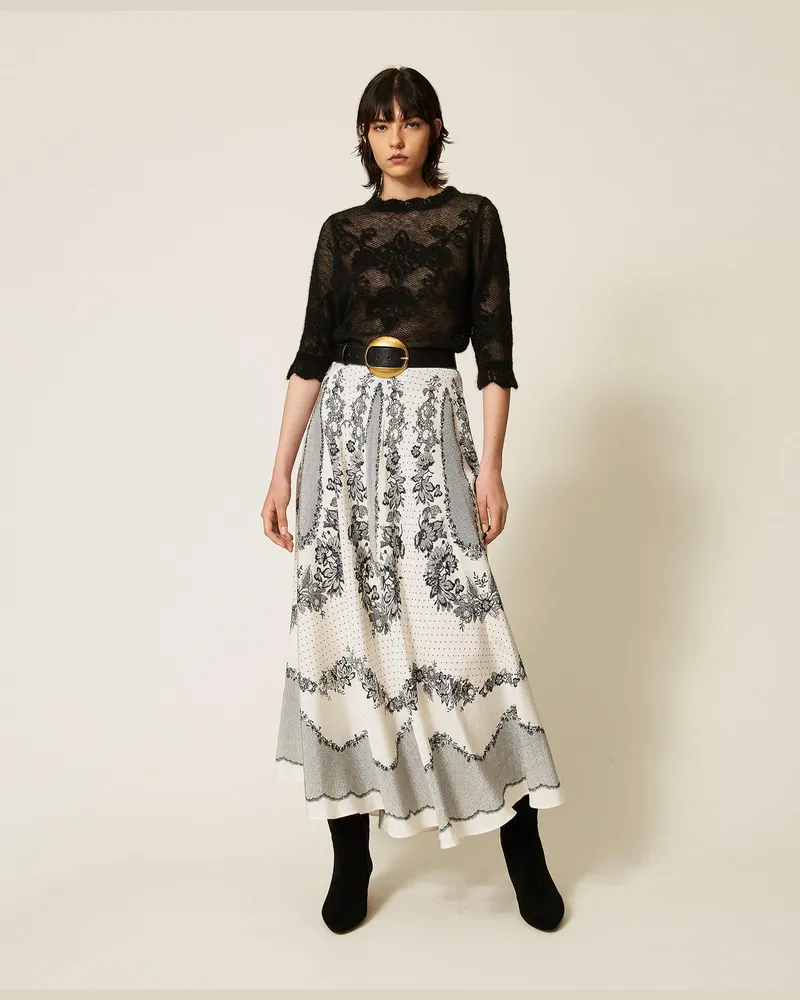 Twin-Set Langer Rock aus Satin mit Jacquardmuster und Blumen und Tupfen 
