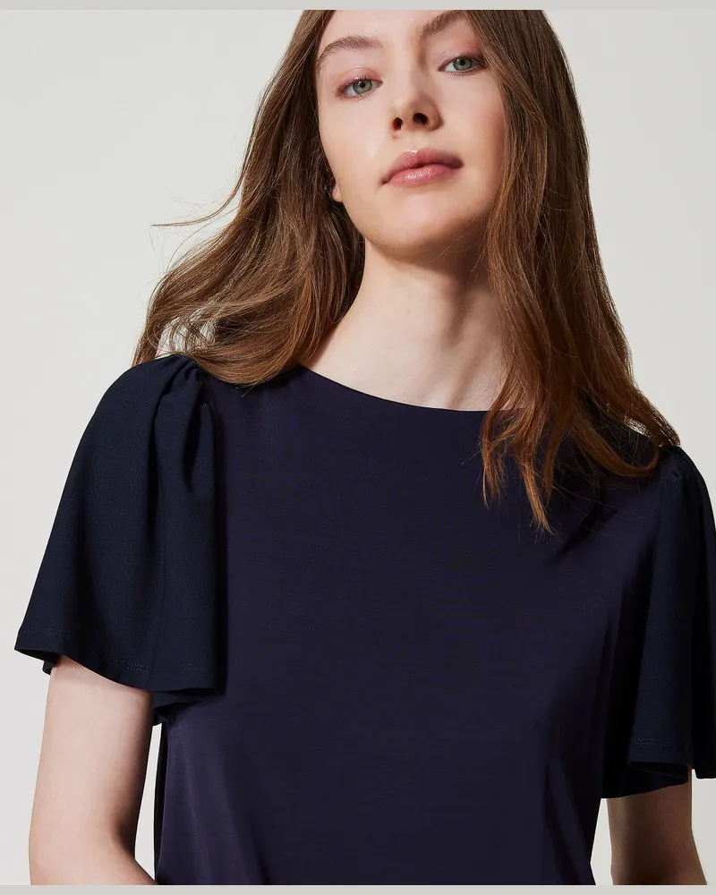 Twin-Set Bademode - Bluse mit Raffärmeln, Klassisches Blau, Jersey, Größe: XS 
