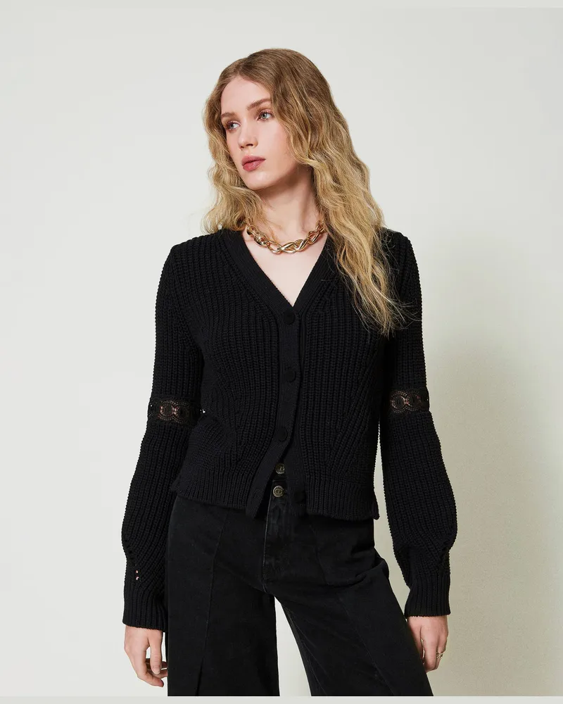 Twin-Set Cardigans - Gerippter Cardigan mit Spitze, Schwarz, Größe: XXL 