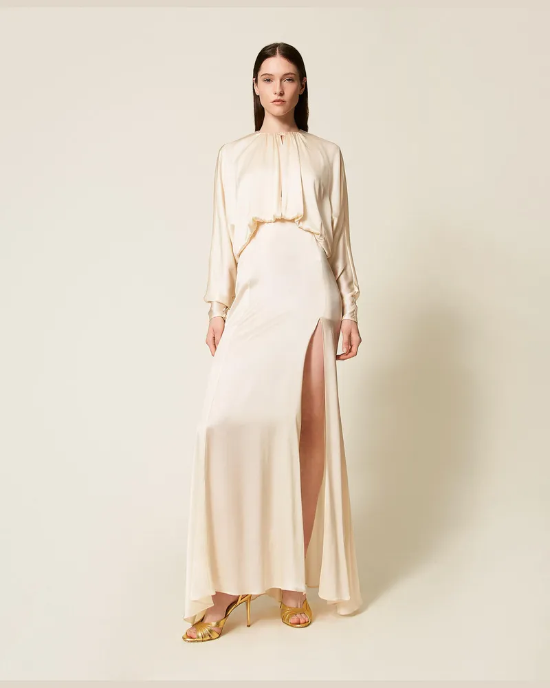 Twin-Set Kleider - Langes Kleid aus Seidenmischsatin, „Butter Cookie"-Weiß, Größe „butter