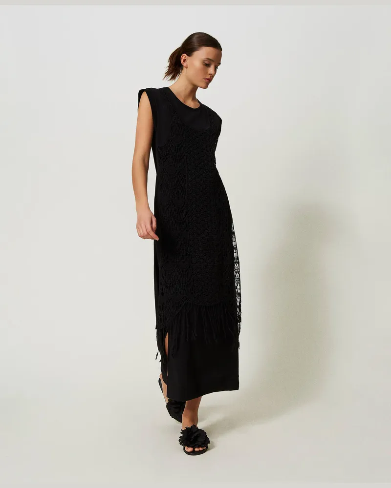 Actitude by Twinset Kleider - Maxikleid mit Makramee und Schlitz, Schwarz, Fransen, Größe Schwarz