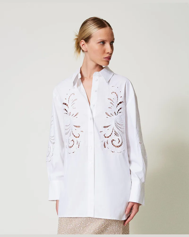 Twin-Set Hemden - Oversized Popelinehemd mit Stickerei, Weiß, Baumwolle, Größe Weiß