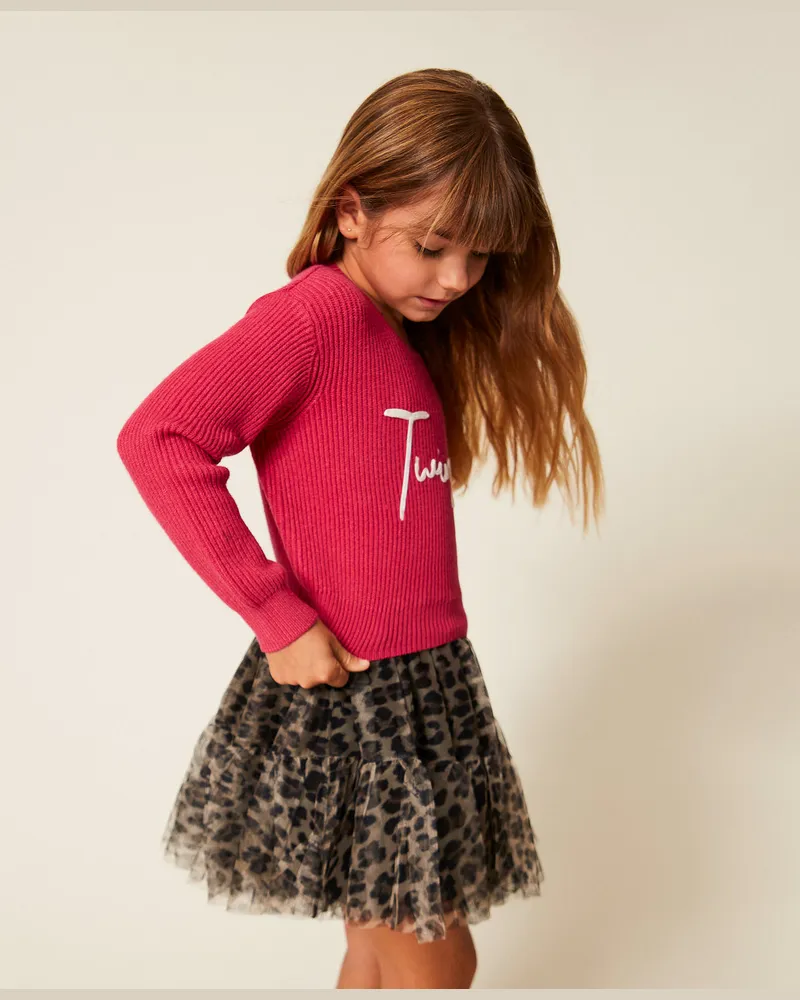 Twin-Set Röcke - Kurzer Mädchenrock aus Tüll mit Animaldessin, Zweifarbig Schwarz / Leopardenprint, Größe: 5A 