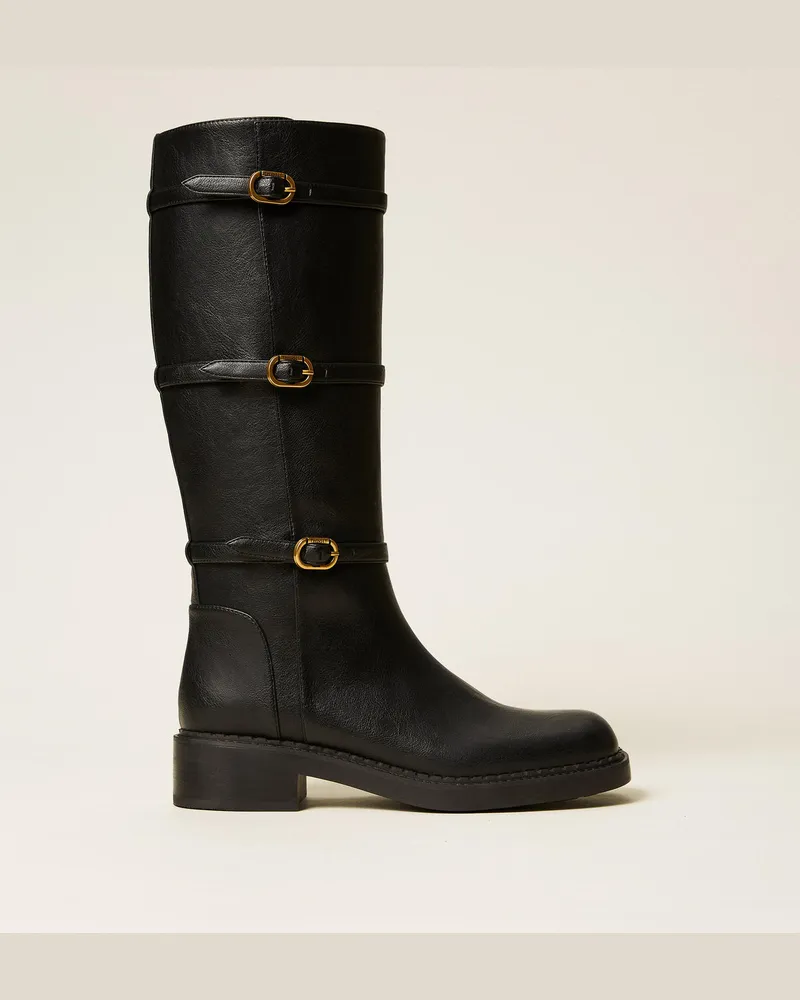 Twin-Set Schuhe - Hoher Stiefel mit Schnallen, Schwarz, Größe Schwarz
