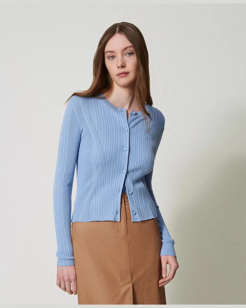 Twin-Set Cardigans - Figurbetonter Cardigan mit Rippenmuster, "Blue Topaz"-Azur, Größe: XS 
