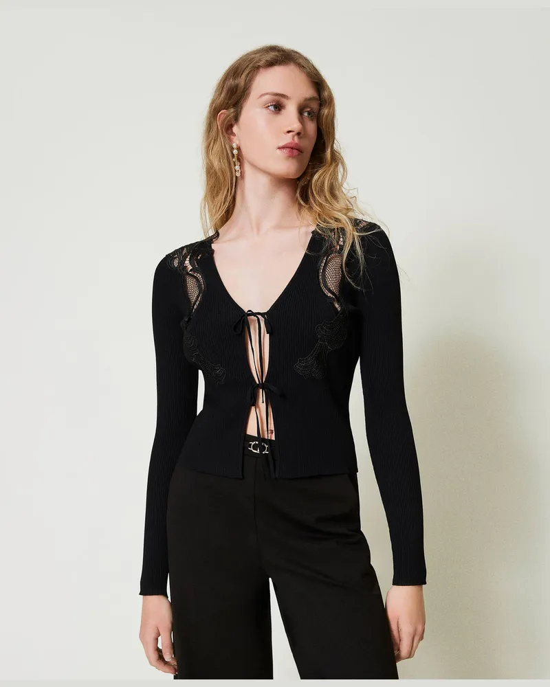 Twin-Set Cardigans - Cardigan mit Schnüren und Spitze, Schwarz, Größe: XXL 