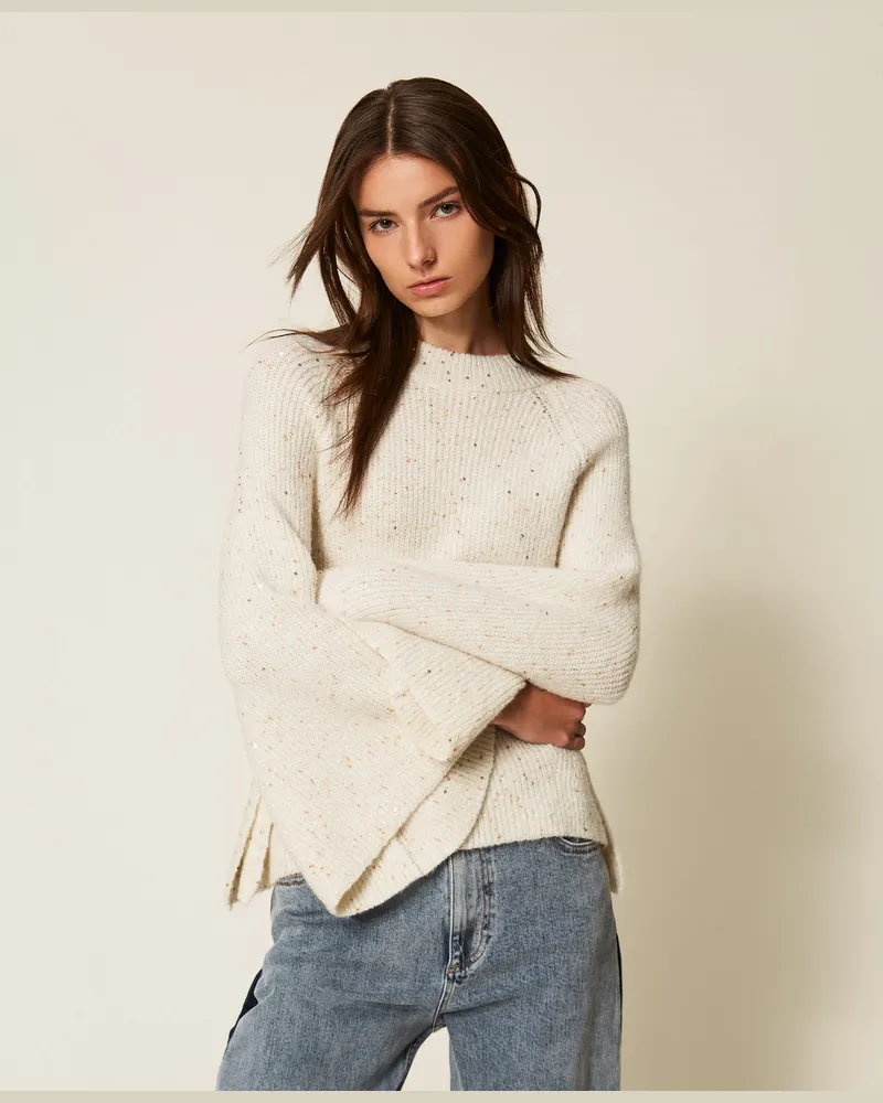 Twin-Set Pullover aus Paillettengarn, Mattweiß, Größe Mattweiß