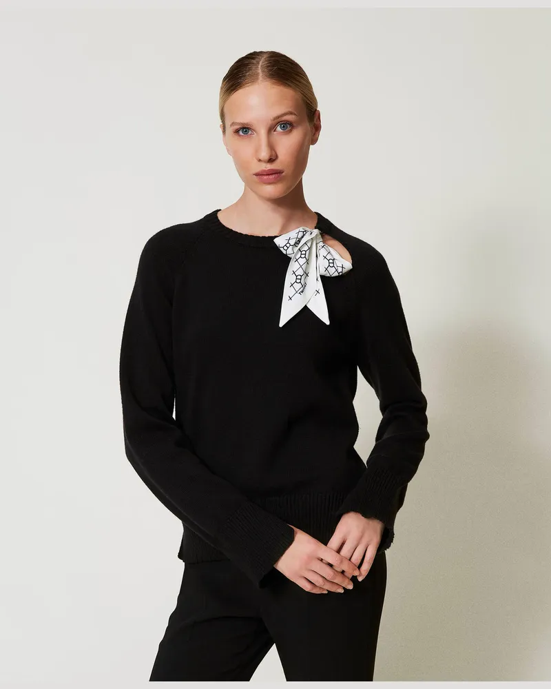 Twin-Set Pullover mit Logofoulard, Zweifarbig Schwarz / Oval T-Print Schwarz / Schneeweiß, Wolle, Größe Zweifarbig