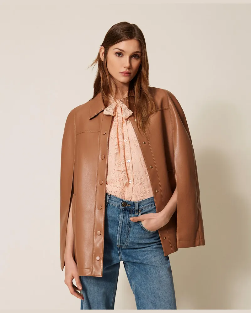 Twin-Set Cape-Jacke in Lederoptik Kamel-karamell