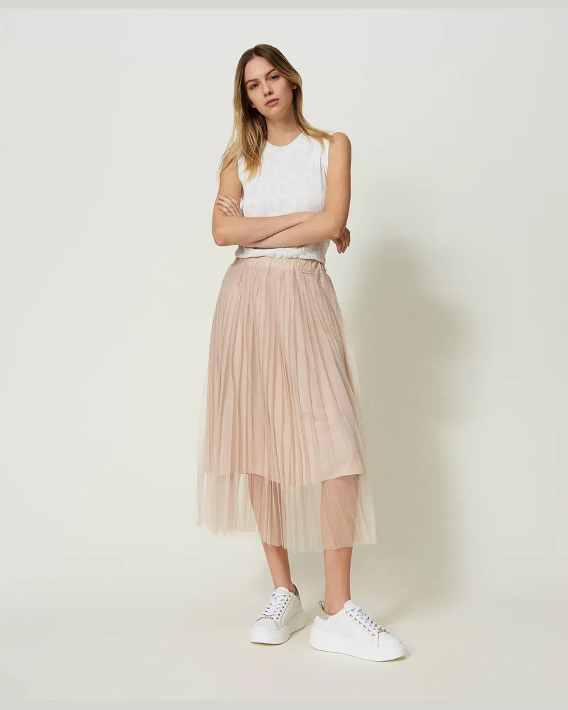 Twin-Set Röcke - Midi-Plisseerock aus Tüll, Champagne, Größe: L 