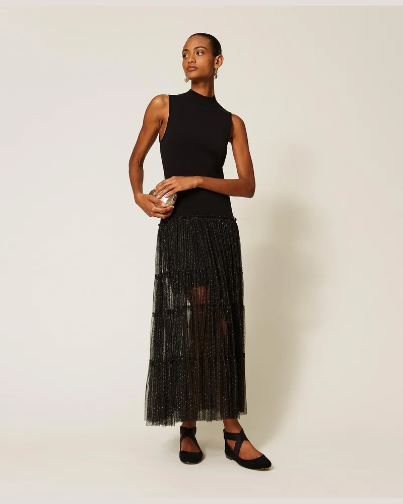 Twin-Set Langes ärmelloses Strickkleid mit Plumetis-Tüll Schwarz