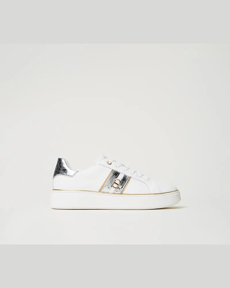 Twin-Set Schuhe - Ledersneaker mit Oval T, Zweifarbig Optisches Weiß / Silber, Größe Zweifarbig