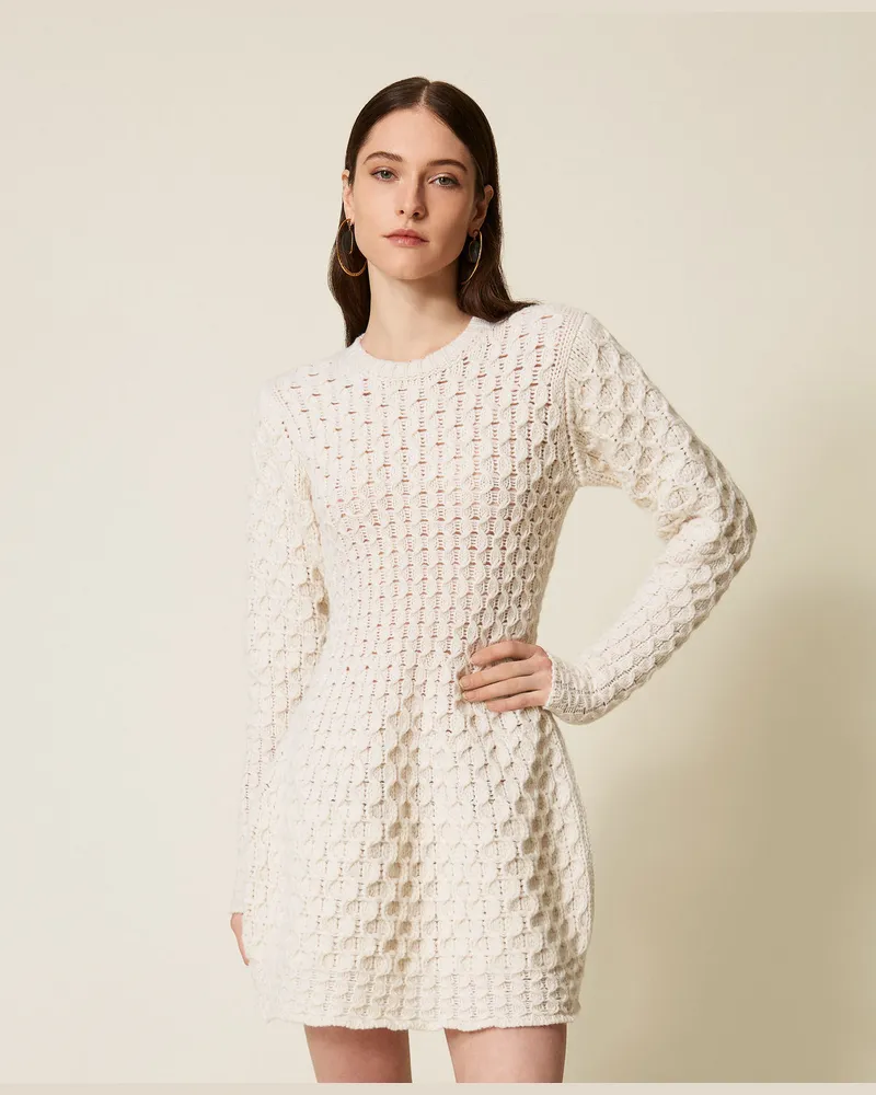 Twin-Set Kleider - Kurzes Strickkleid aus Wolle und Kaschmir, Weiß Schnee, Größe Weiß