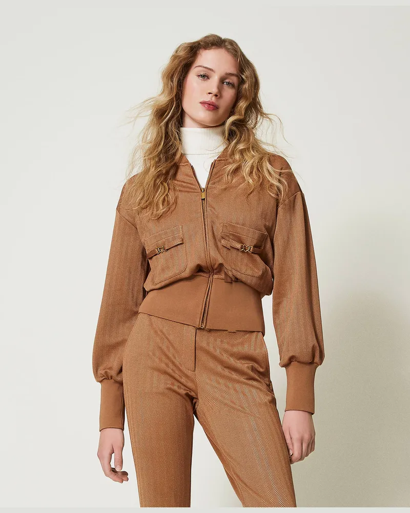 Twin-Set Sweatshirts und -jacken - Sweatjacke aus Jacquard-Scuba, Kamel-Karamell, Größe: S 