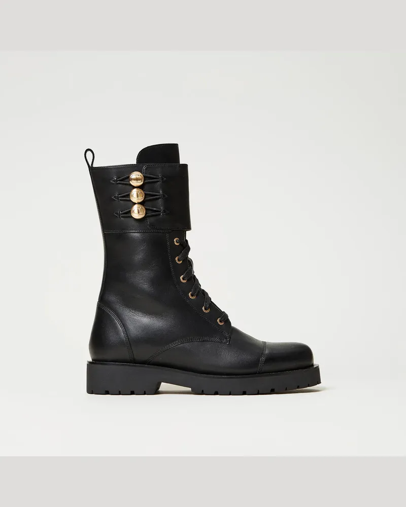 Twin-Set Schuhe - Schnürstiefelette aus Leder mit Knöpfen, Schwarz, Größe Schwarz