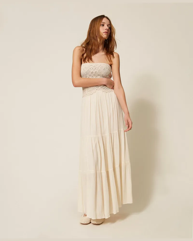 Twin-Set Kleider - Langes Kleid im Häkeldessin und aus Musselin, Weiß Vanille, Baumwolle, Größe Weiß