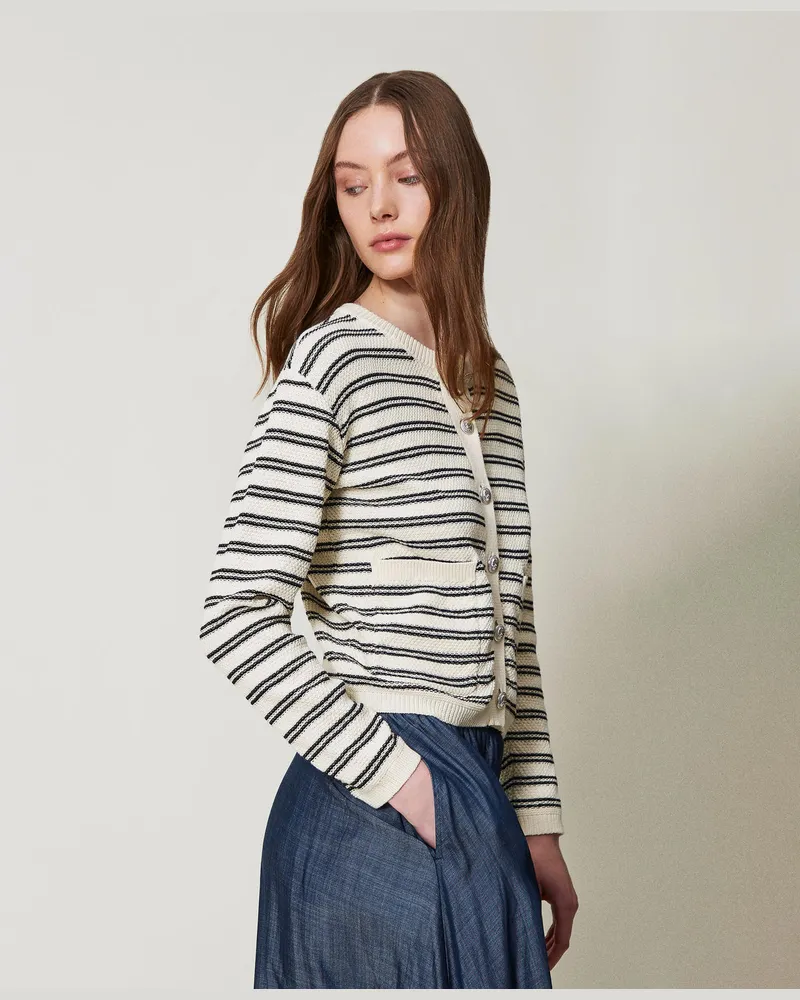 Twin-Set Cardigans - Strickjacke mit Streifenmuster, Schwarz / Beige, Gestreift, Größe Schwarz