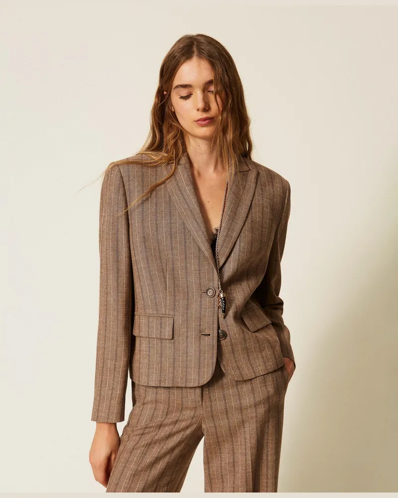 Twin-Set Cropped-Jacke aus Wollmischung mit Nadelstreifen, Damen, Nadelstreifen Brown / Gold Nadelstreifen