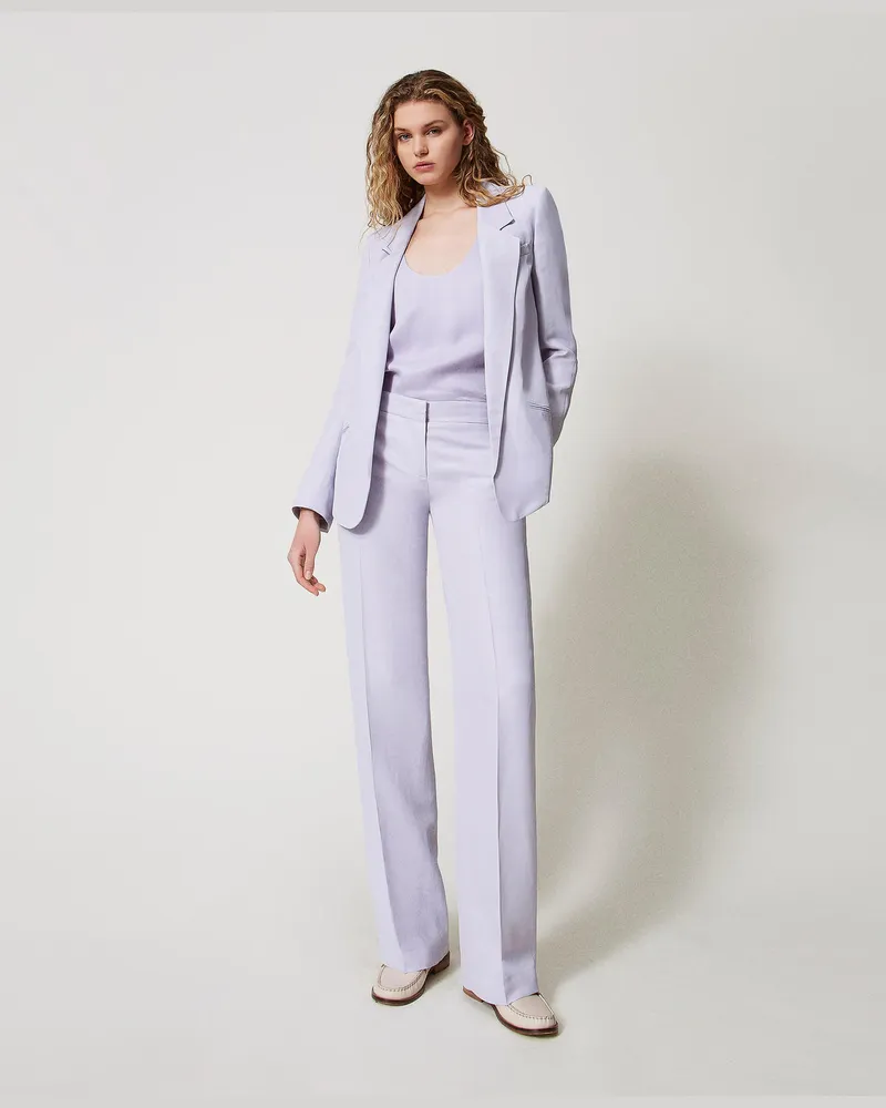 Twin-Set Hosen - Gerade Hose mit Taschen, Fliederblütenlila, Leinen, Größe Fliederblütenlila
