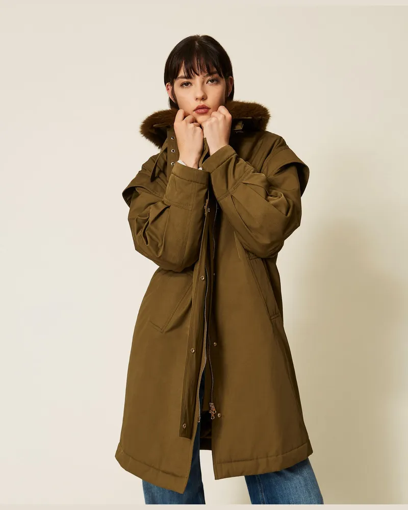 Twin-Set Parka aus Gabardine mit Kunstpelzkragen Buchengrün