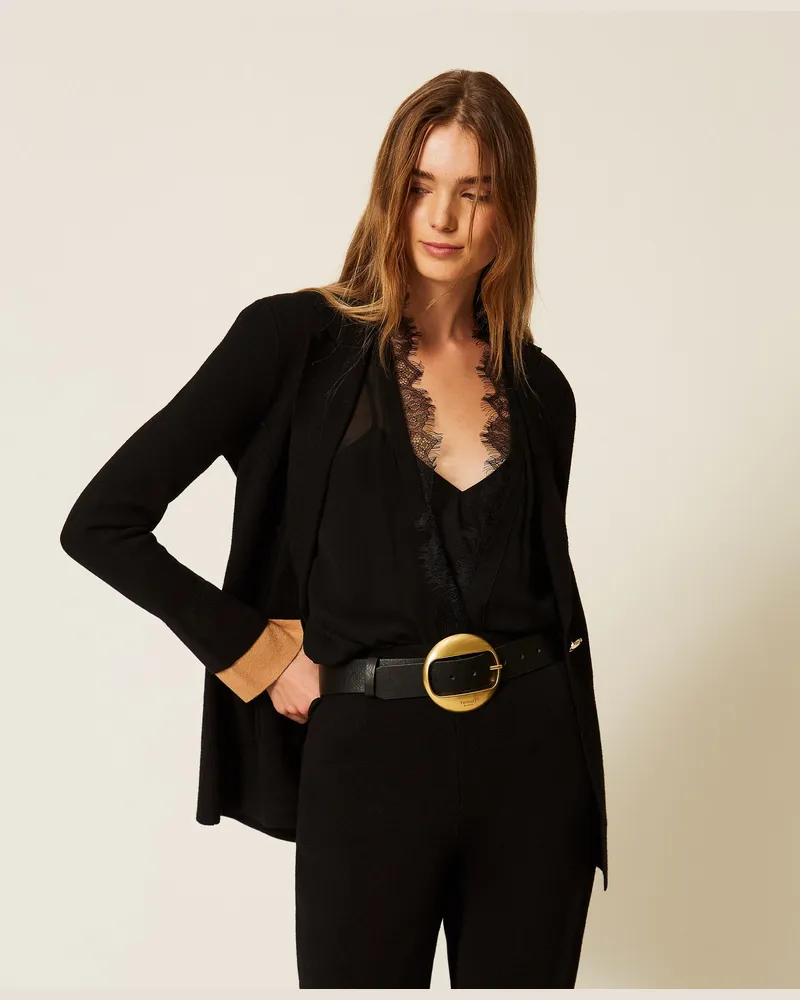 Twin-Set Strickjacke mit Kontrastdetail, Damen, Zweifarbig Schwarz / "Iced Coffee"-Braun Zweifarbig
