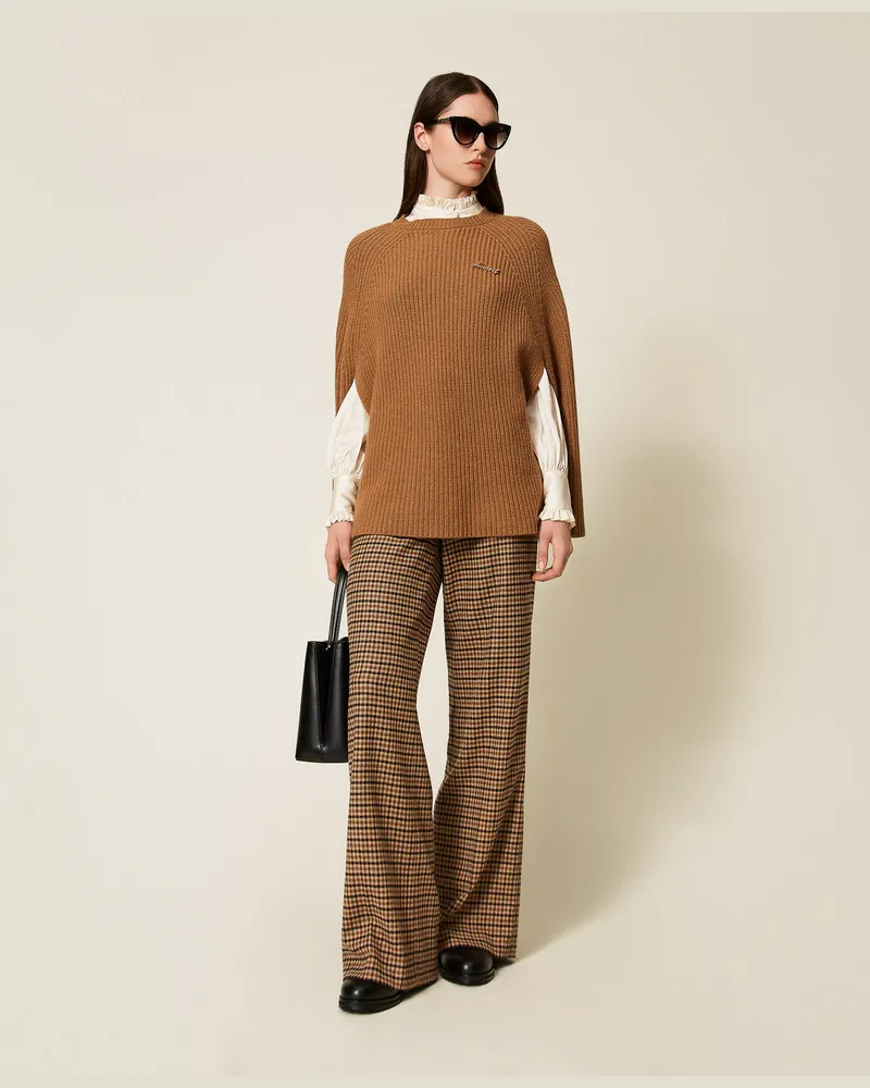 Twin-Set Cape-Pullover aus Wollmischung, Alpakabraun, Wolle, Größe Alpakabraun