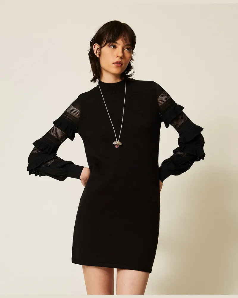 Twin-Set Kurzes Strickkleid mit Netzmaschen und Volant Schwarz