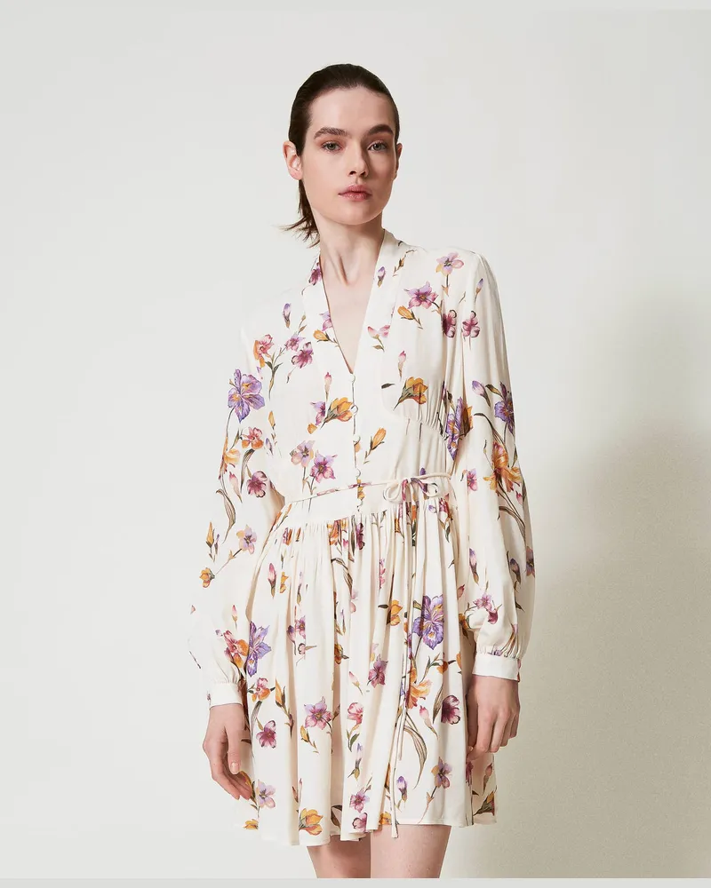 Twin-Set Kleider - Kurzes Kleid aus Crêpe de Chine mit Blumendessin, Print Iris Multicolor / Perlmutt, Größe Print