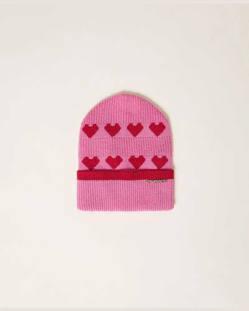 Twin-Set Babymütze aus Jacquard-Strick mit Herzen, Damen, Zweifarbig Azaleenpink / "Magentarot Zweifarbig