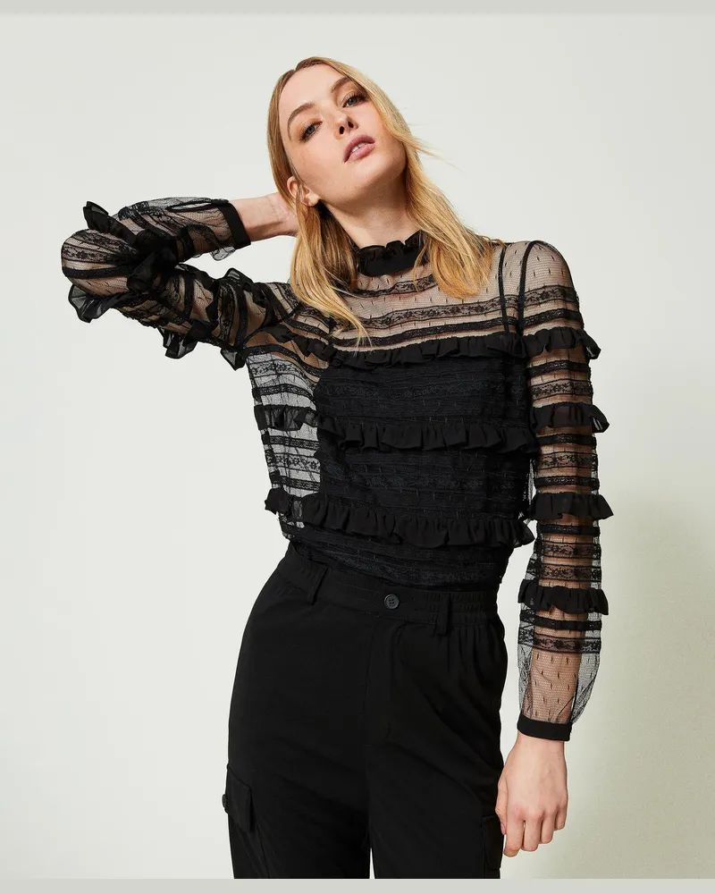 Twin-Set Blusen - Bluse aus Plumetis-Tüll und Spitze, Schwarz, Größe Schwarz