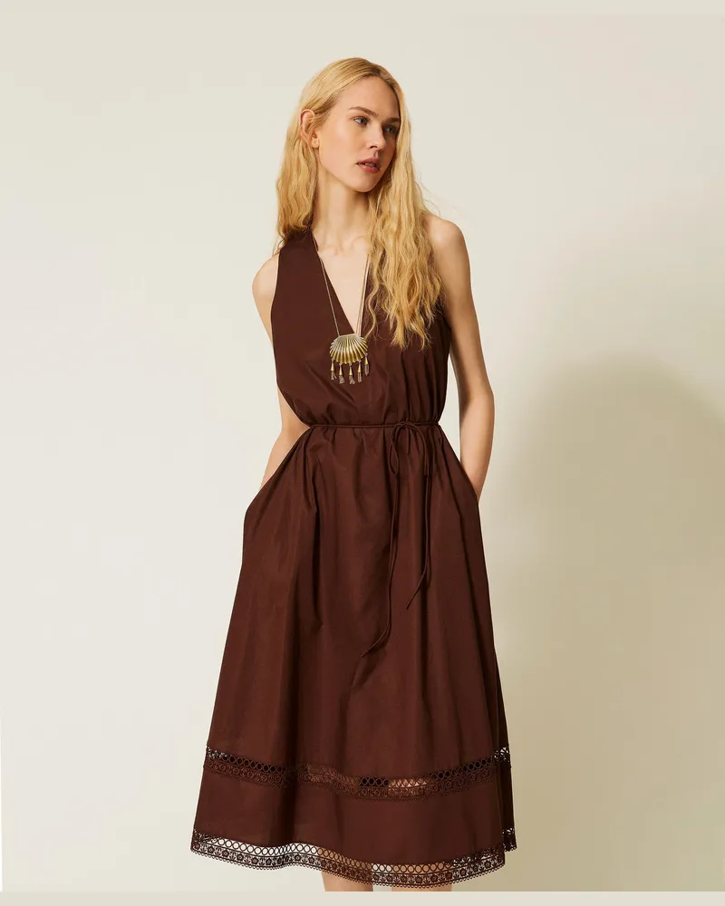 Twin-Set Kleider - Langes Kleid aus Popeline mit Stickerei, Coffee Liqueur, Baumwolle, Größe Coffee