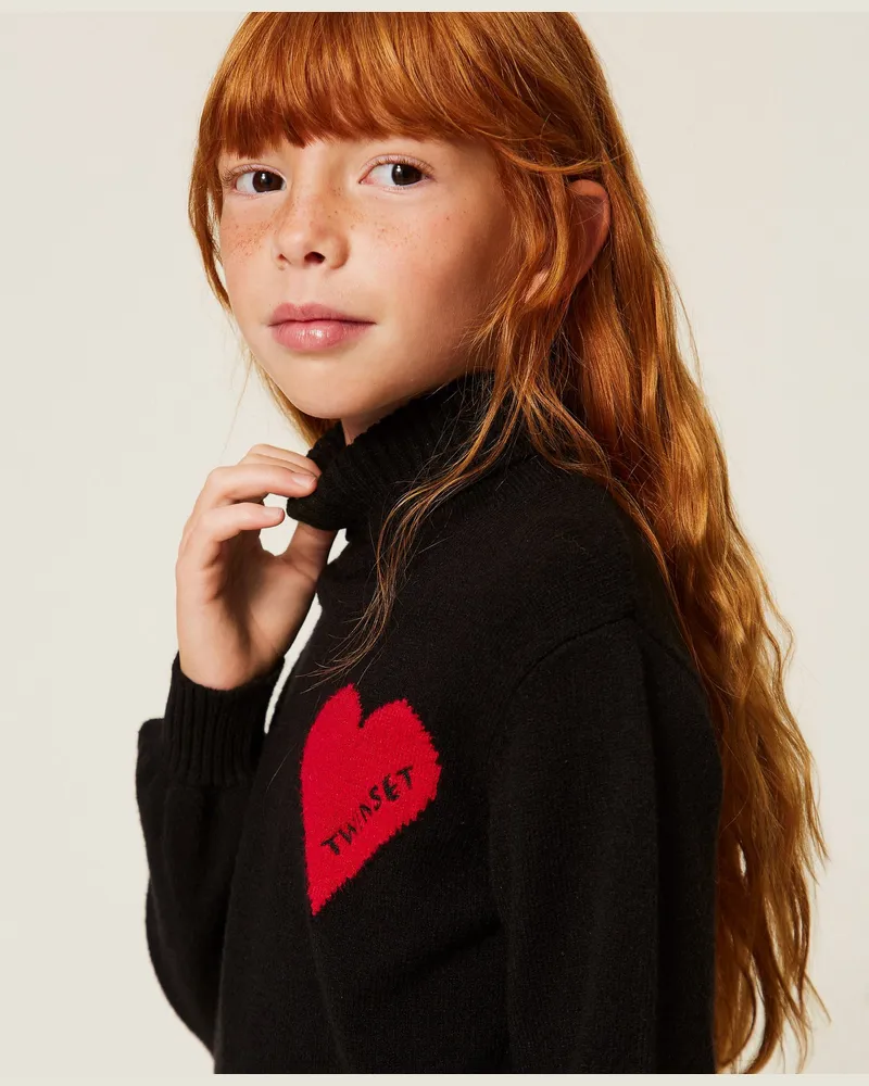 Twin-Set Stehkragenpullover mit Herz und Logo, Damen, Schwarz / "Magentarot" Heart Schwarz