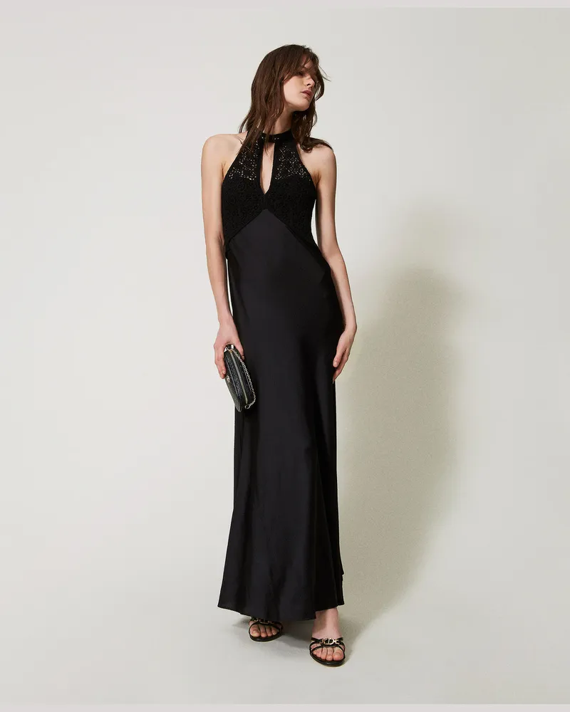 Twin-Set Kleider - Maxikleid aus Satin mit gehäkeltem Bustier, Schwarz, Größe Schwarz