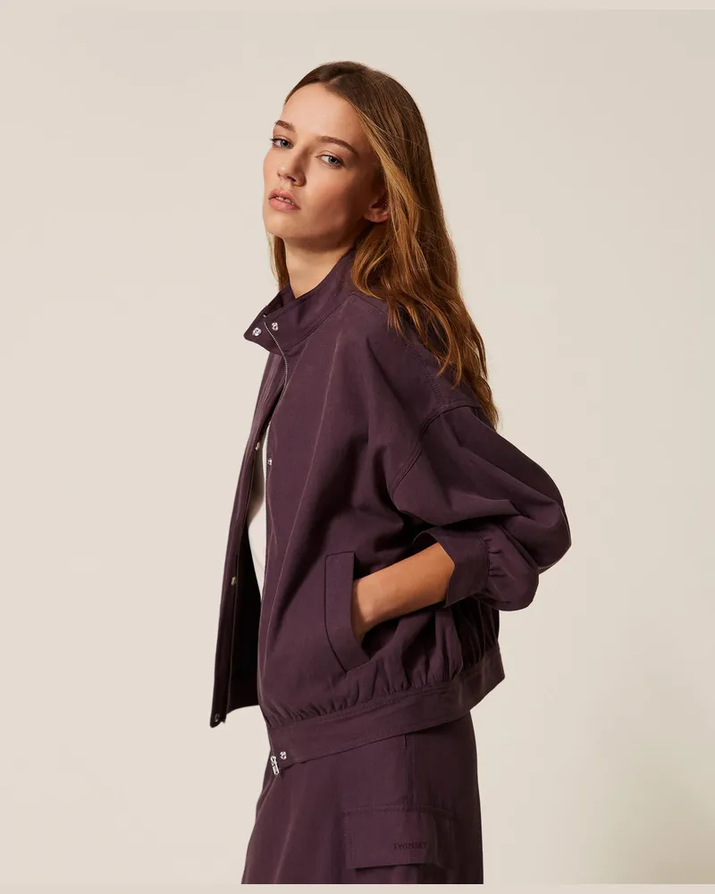 Twin-Set Jacken und Outerwear - Jacke mit Reißverschluss aus Lyocell und Baumwolle, "Plum Perfect"-Violett, Größe Plum