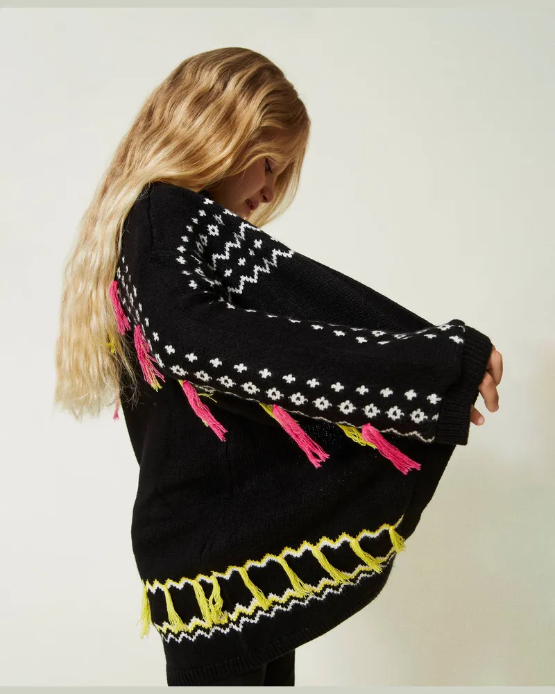 Twin-Set Jacken und Outerwear - Jacquardmantel mit Fransen, Mehrfarbig Schwarz, Größe Mehrfarbig