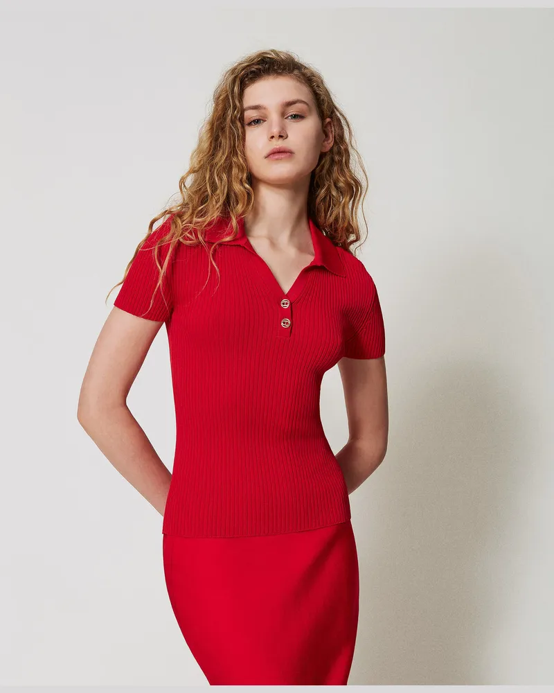 Twin-Set Gerippter Pullover im Polostil, Hibiscus Red, Größe Hibiscus