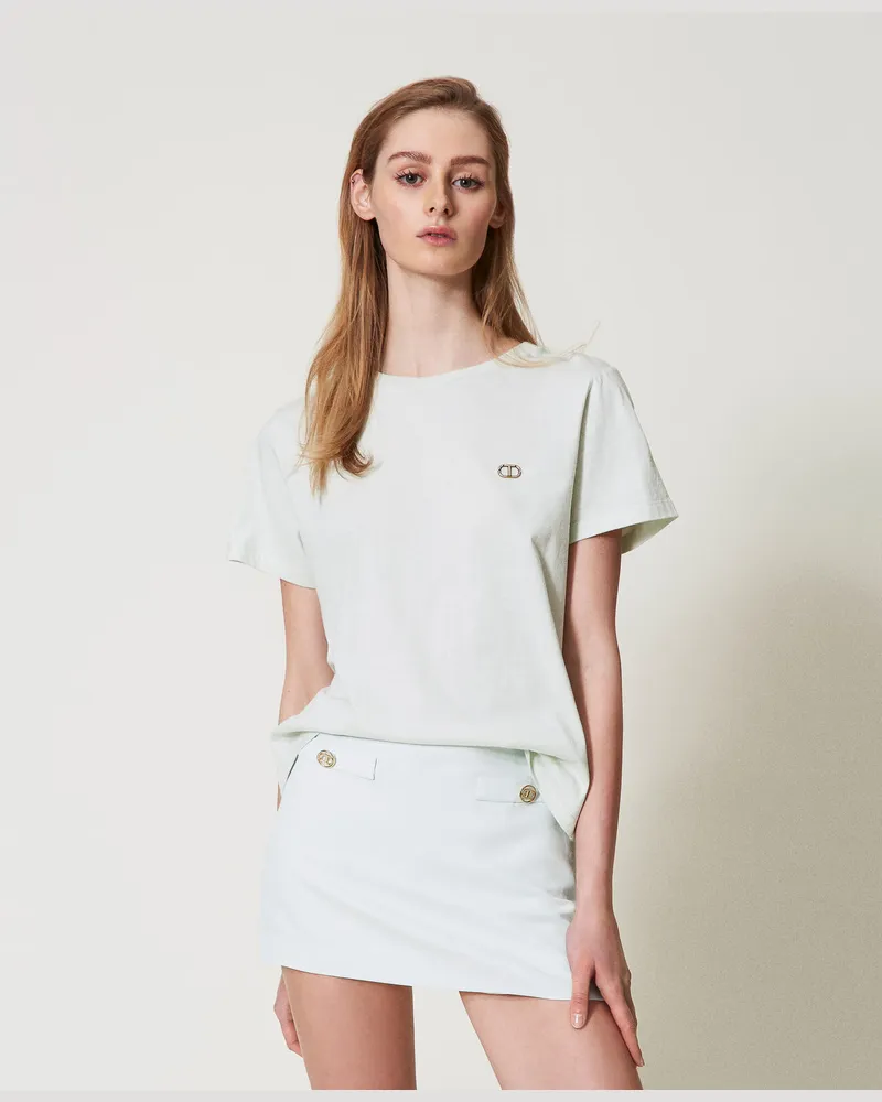 Twin-Set T-Shirts - T-Shirt mit strassbesetztem „Oval T"-Logo, Water Green, Baumwolle, Größe: XXS 