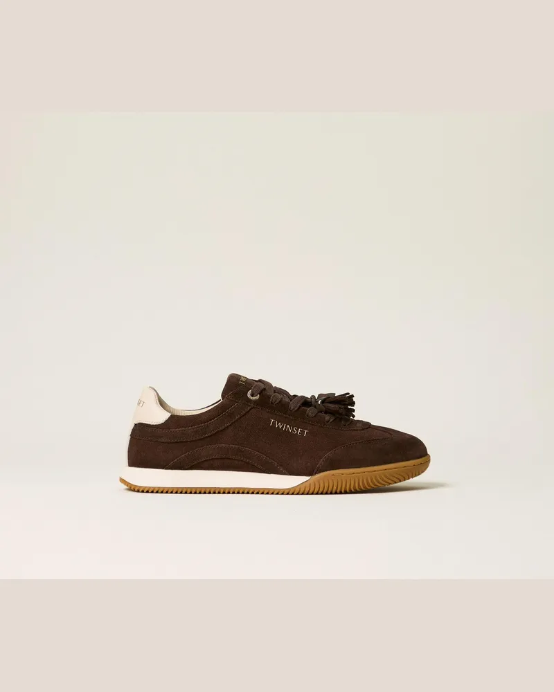 Twin-Set Sneaker aus Veloursleder mit Quasten, Damen, Darkness Brown Darkness