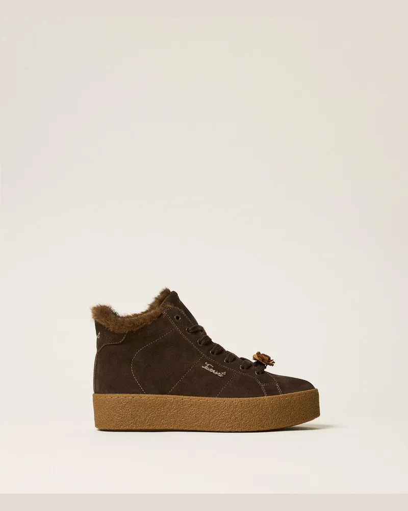 Twin-Set Hoher Sneaker aus Leder Kaffee