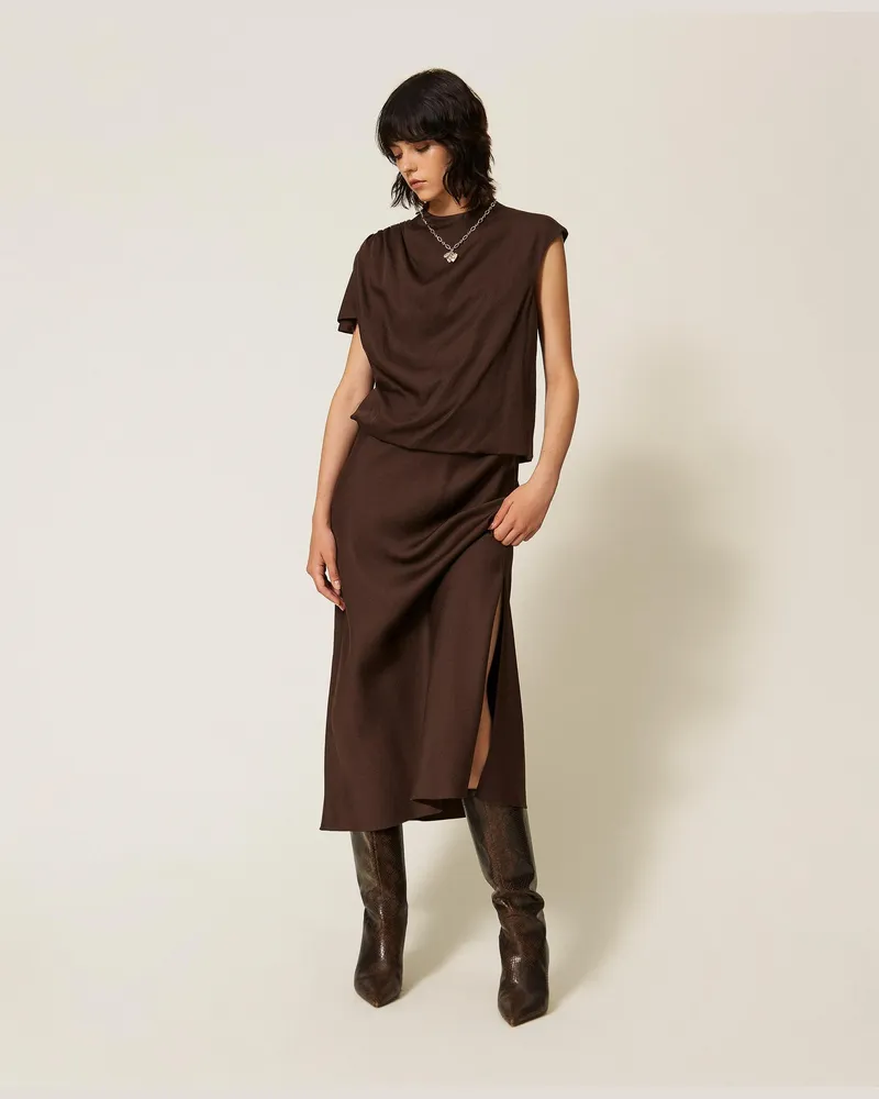 Twin-Set Midikleid aus Satin, Damen, Mocha Mocha